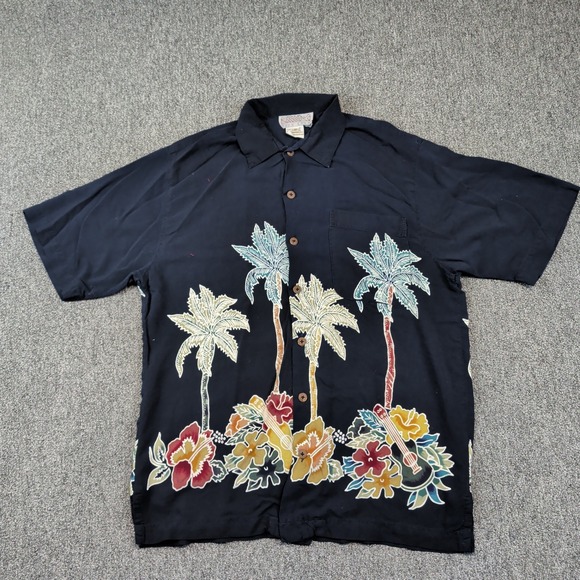 Back East Vintage Aesthetic Hawaiian Shirt Medium Black Palm Tree Ukulele Rayon — photo 2